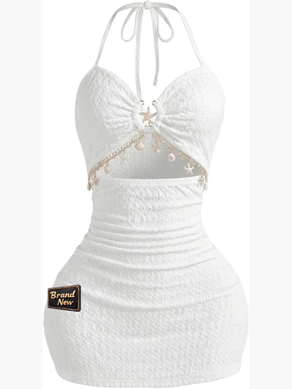 Y2k Metal Starfish Halter Mini Dress Cut Out Ruched Textured